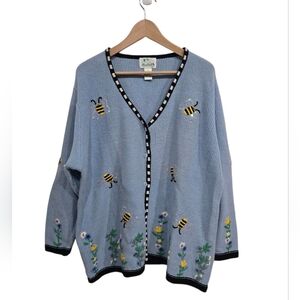 Quaker Factory Blue Bumble Bee Floral Embroidered Cardigan 1X